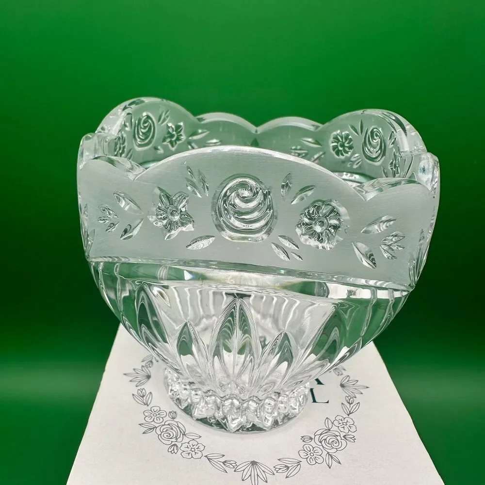 Vtg Oneida Southern Garden Lead Crystal 4” Votive Candle Holder Bowl Scalloped